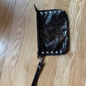 Hammitt zippered snake leather wristlet black